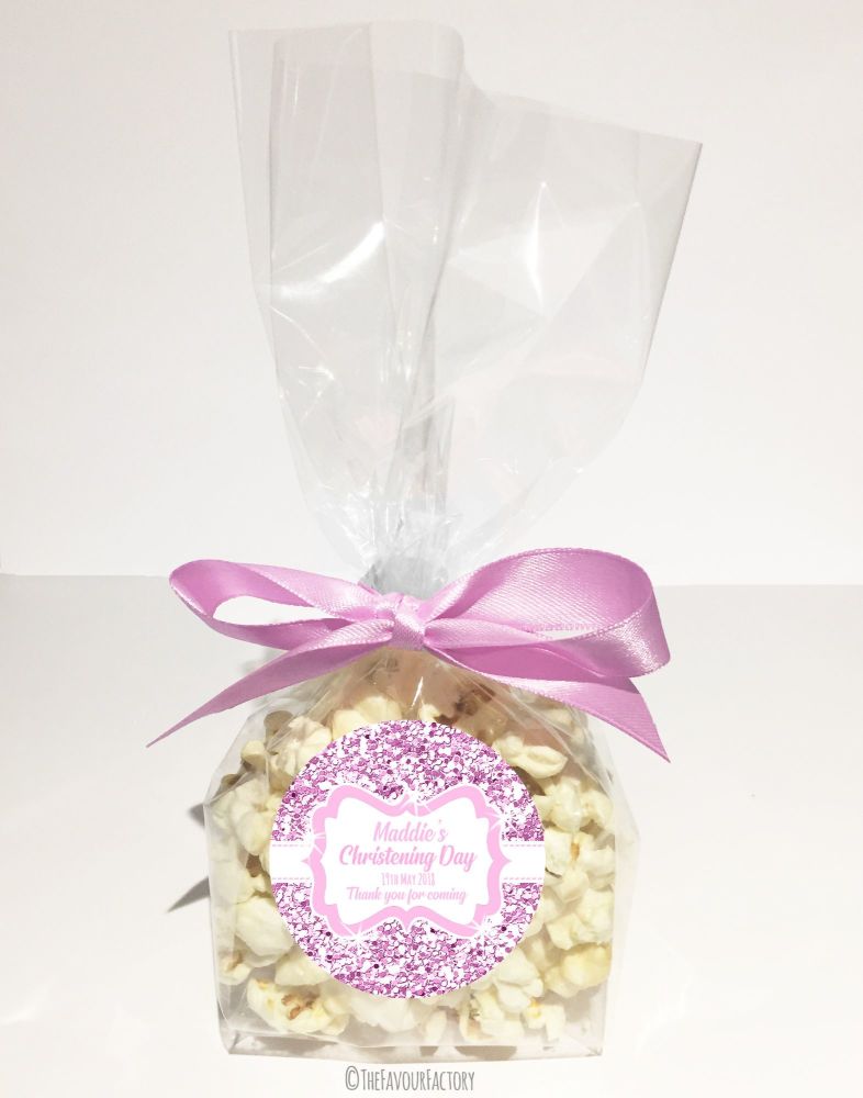 Glitter Pink Personalised Christening Baptism Popcorn Sweet Bags Kits X12 Glitter Pink Personalised Christening Baptism Popcorn Sweet Bags Kits X12