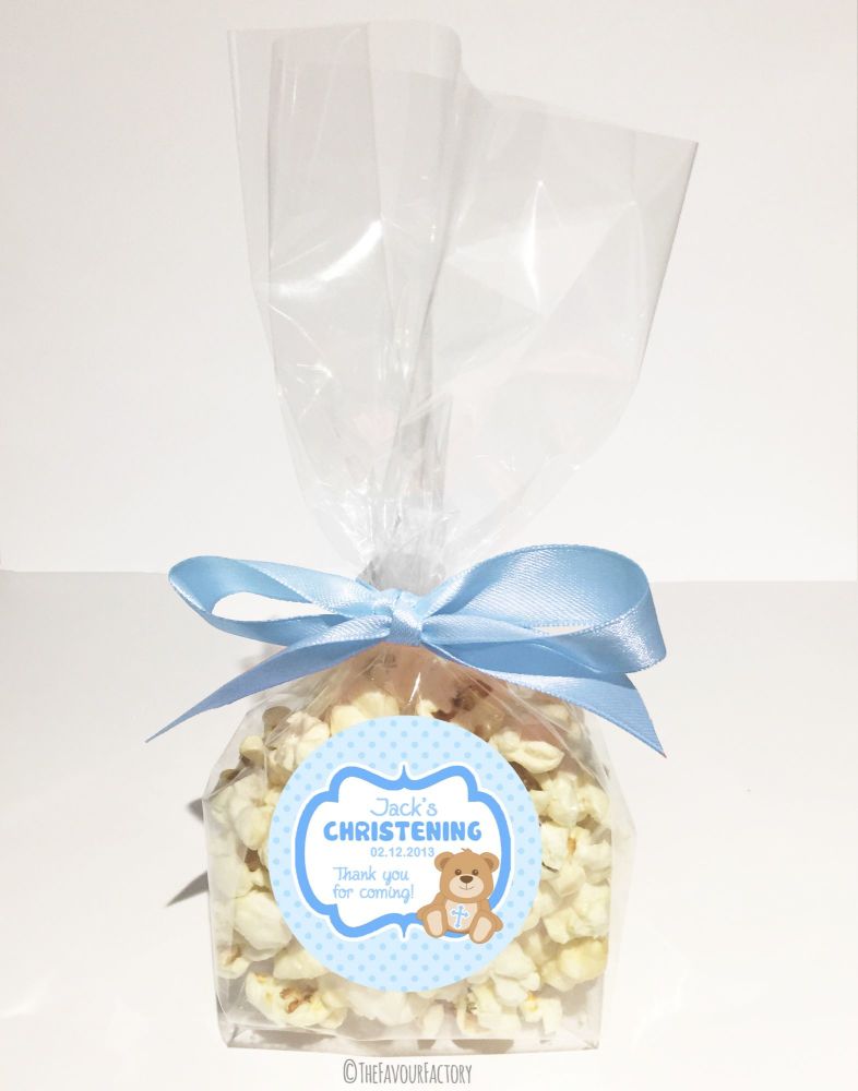 Teddy Bear Blue Personalised Christening Baptism Biodegradable Popcorn Bag