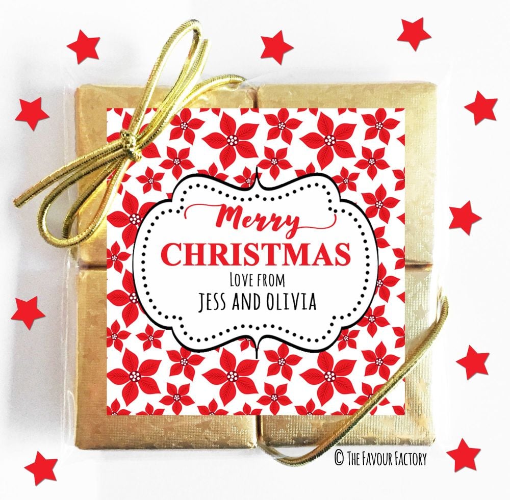 Poinsettia Florals Personalised Christmas Chocolates Quad Party Favours x1