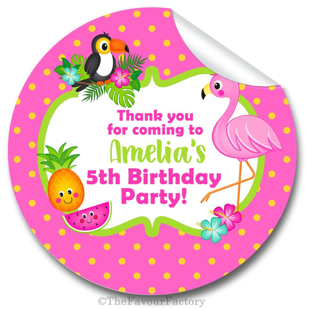 Tropical Flamingo Personalised Birthday party bags sweet cones stickers lab