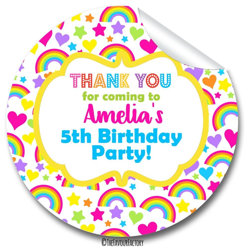 Hearts & Rainbows Birthday Party Personalised Bags Stickers 1x A4 sheet