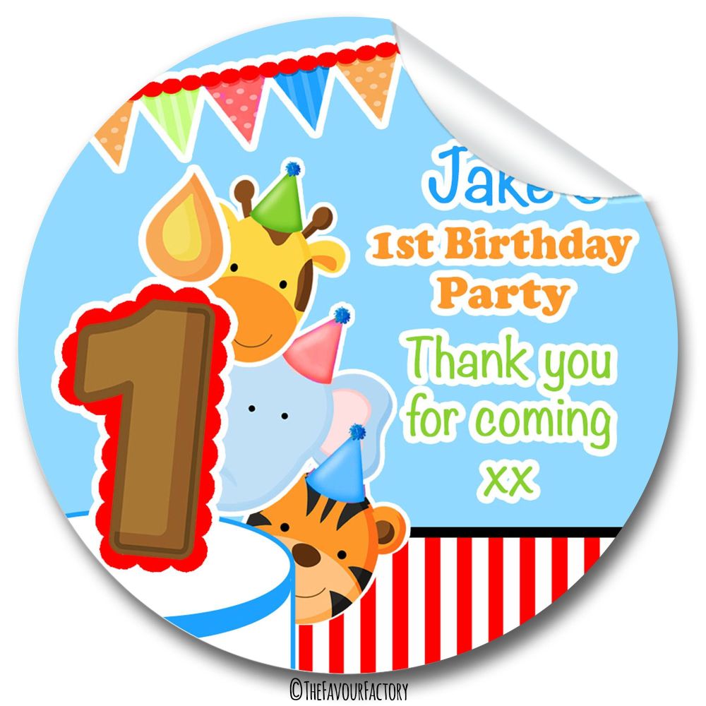 Animal Friends Boys Personalised Birthday party stickers 1x A4 sheet