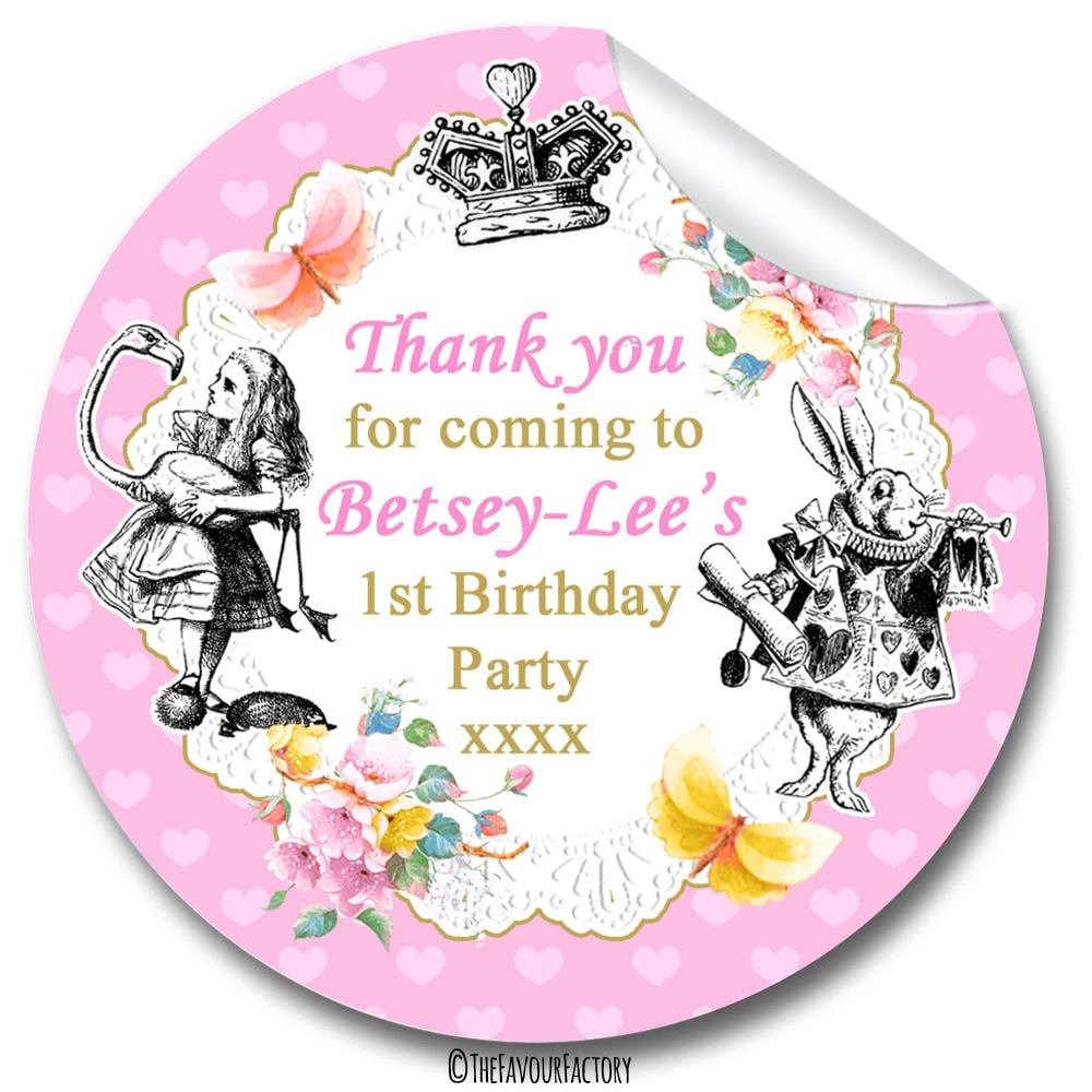 Personalised Alice in Wonderland Birthday Party Stickers Sweet Cones Bags Labels