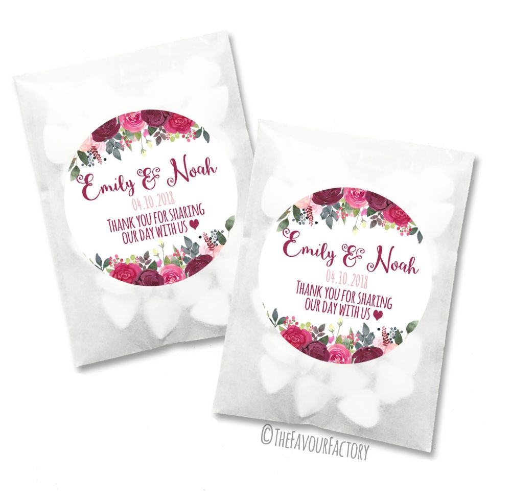 Burgundy Blush Rose Drop Personalised Wedding Paper Favour Bags Kits x12