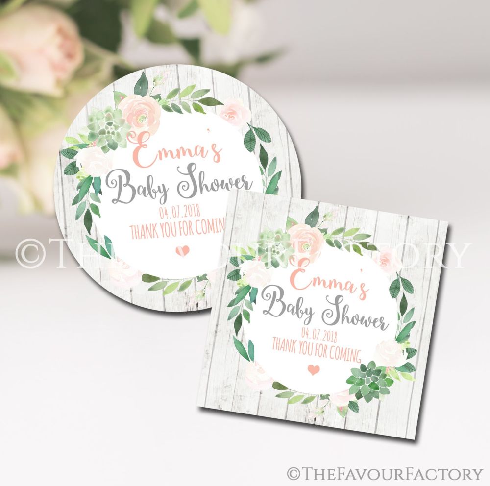Succulents Floral Personalised Baby Shower Party Favours Stickers 1x A4 she