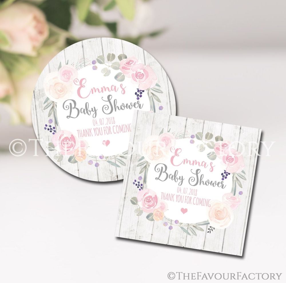Roses & Eucalyptus Boho Floral Personalised Baby Shower Party Favours Stick