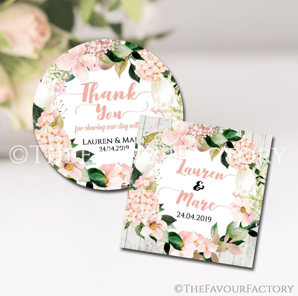 Personalised Wedding Stickers Blush Hydrangeas Floral Wreath