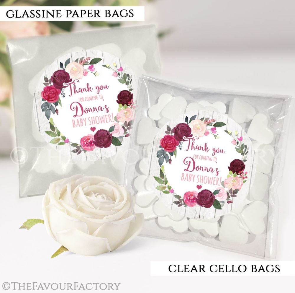 Baby Shower Party Favours Sweet Bags Burgundy Blush Florals x12