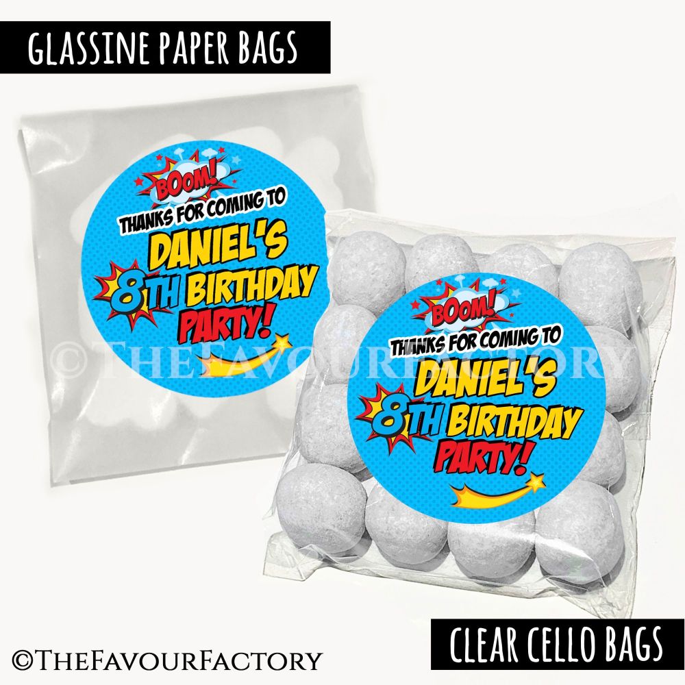 Kids Party Favours Sweet Bags Kits Boom Comic Superhero x12