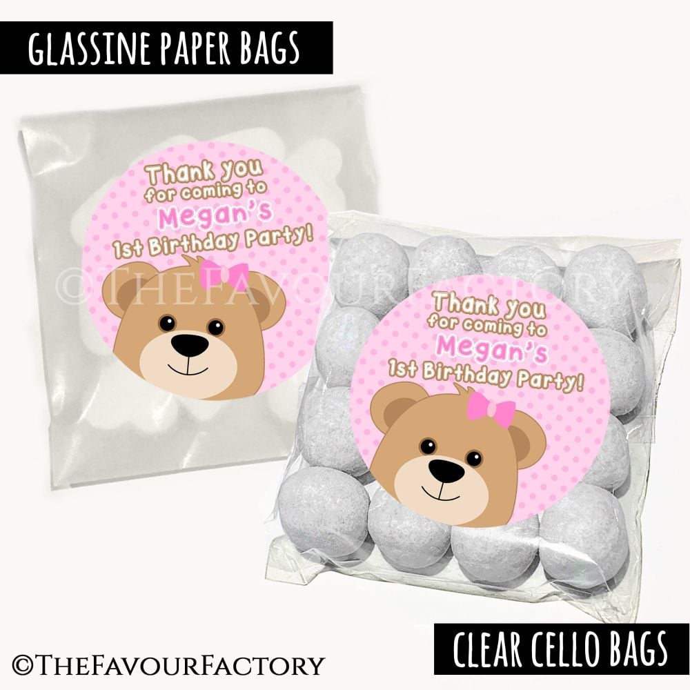 Kids Party Favours Sweet Bags Kits Teddy Bear Pinks x12