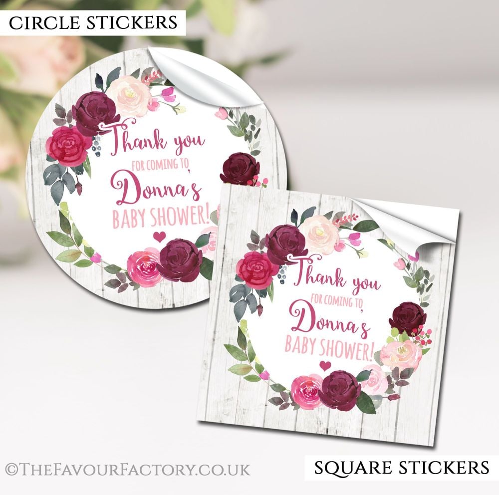 Baby Shower Stickers Personalised Burgundy Blush Floral Wreath