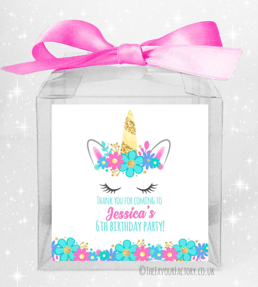Kids Birthday Party Treat Boxes Personalised With Floral Unicorn