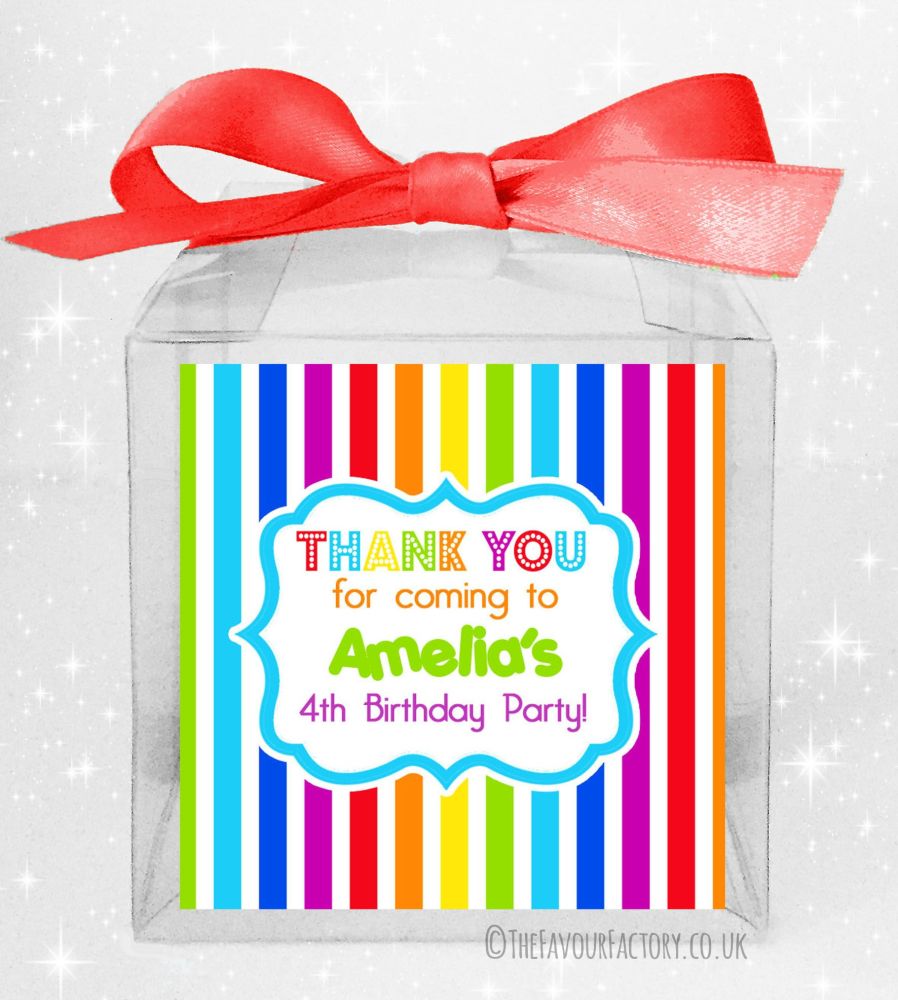 Kids Birthday Party Treat Boxes Personalised With Rainbow Stripes Themed Stickers Includes Ribbons And Clear Boxes To Fill Yourself With Sweets And Treats