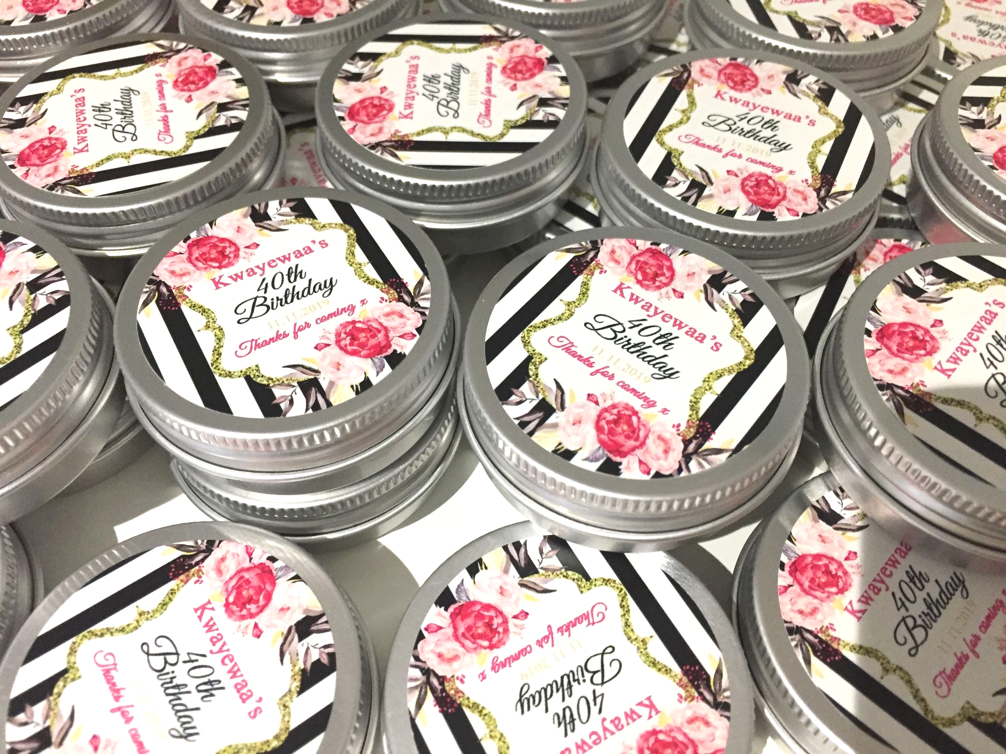 floral birthday favours tins