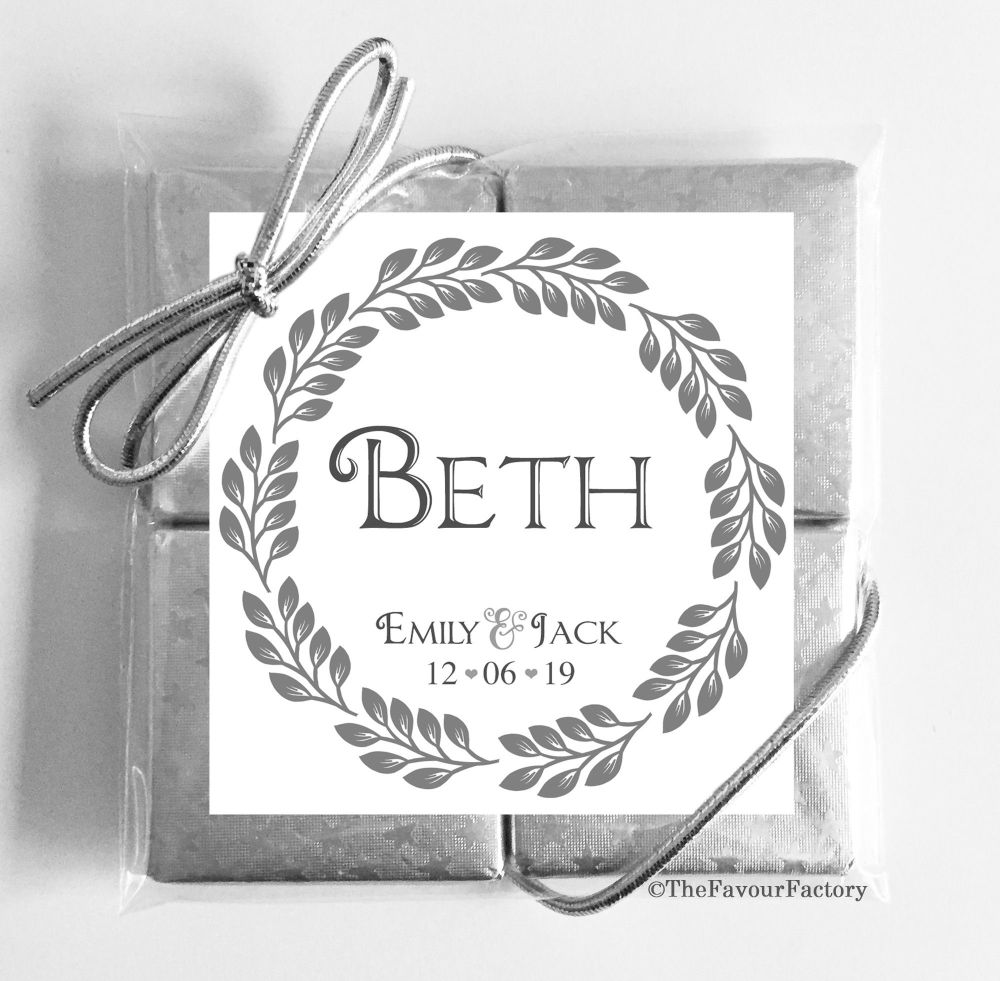 Personalised Wedding Place Name Setting Chocolate Favours Quads Boho Leaf
