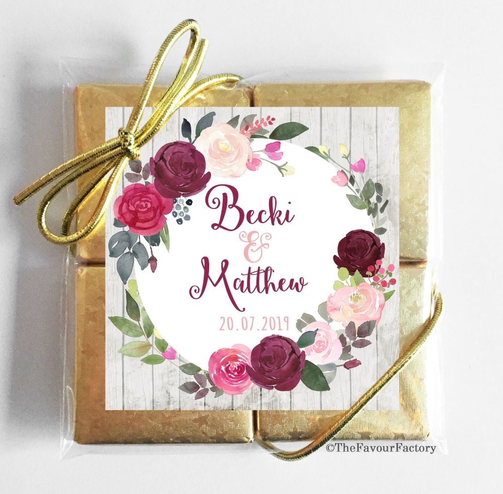 Personalised Wedding Chocolates Favours Quads Blush Burgundy Florals Gold