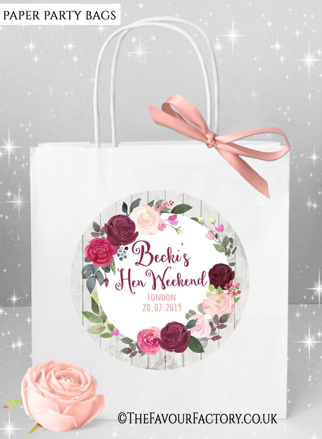 Hen Do Party Bags Burgundy Blush Floral Wreath x5