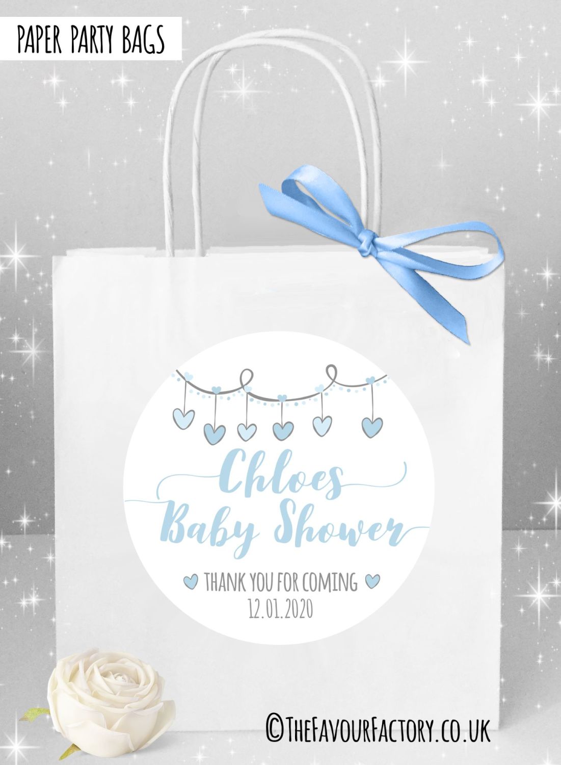 Personalised Baby Shower Party Bags Blue Heart Garland x1