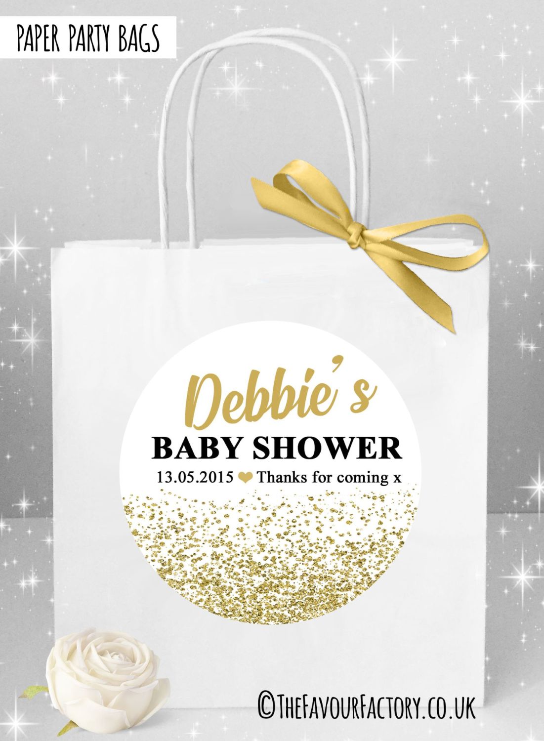 Personalised Baby Shower Party Bags Gold Glitter Confetti