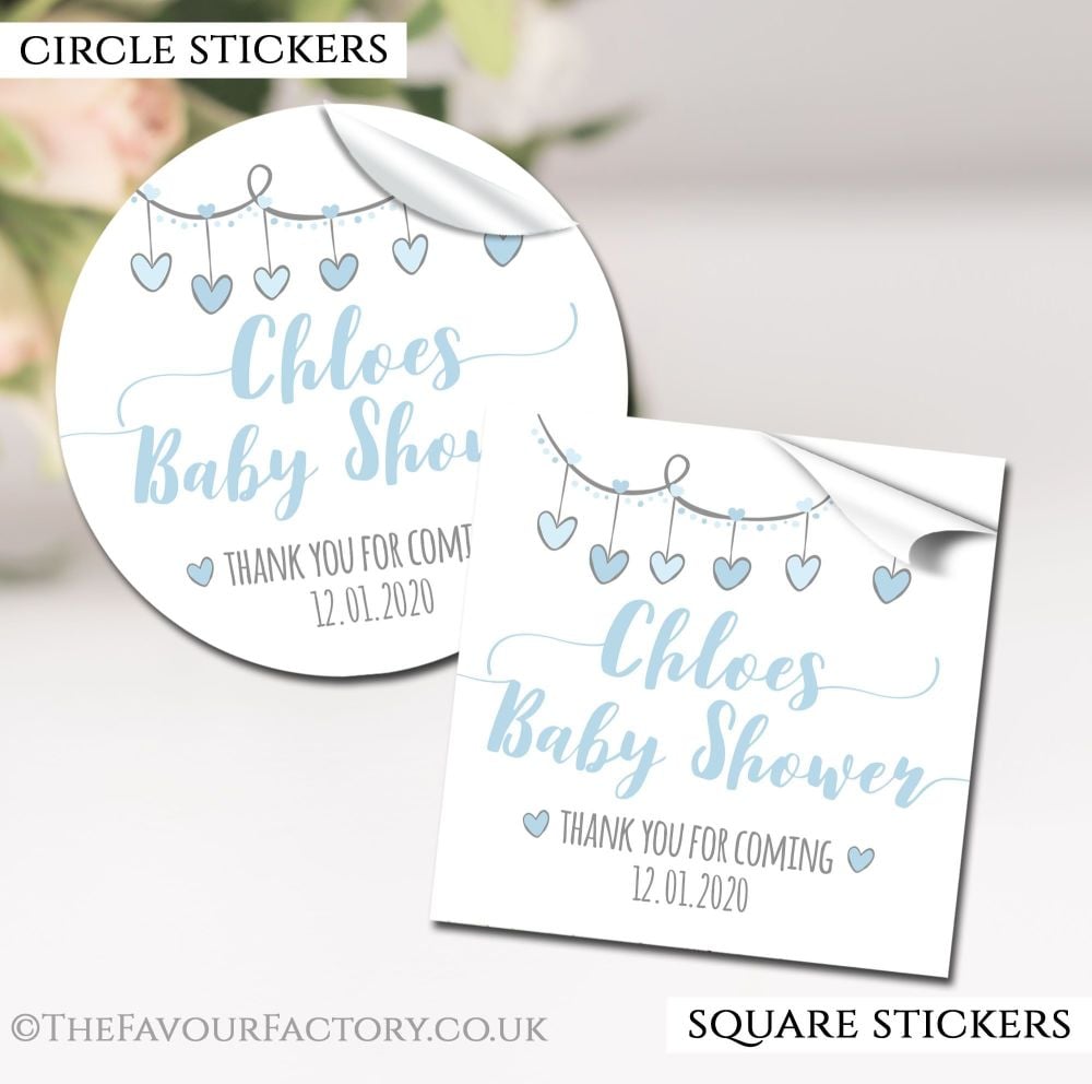 Personalised Baby Shower Stickers Blue Hearts Garland