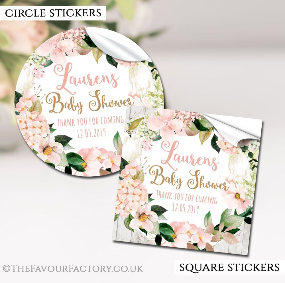 Personalised Baby Shower Stickers Blush Hydrangeas