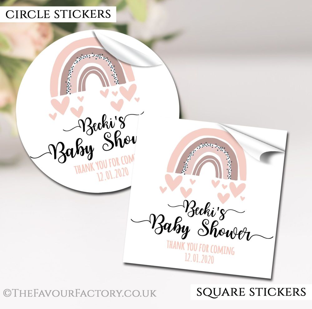 Pink Rainbow Baby Shower Stickers Personalised
