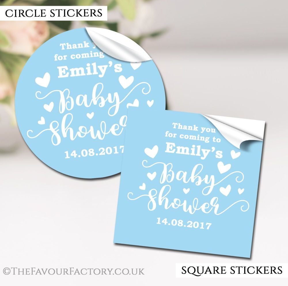 Personalised Baby Shower Stickers Blue Hearts