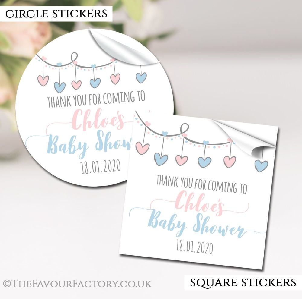 Personalised Baby Shower Stickers Pink And Blue Hearts Garland