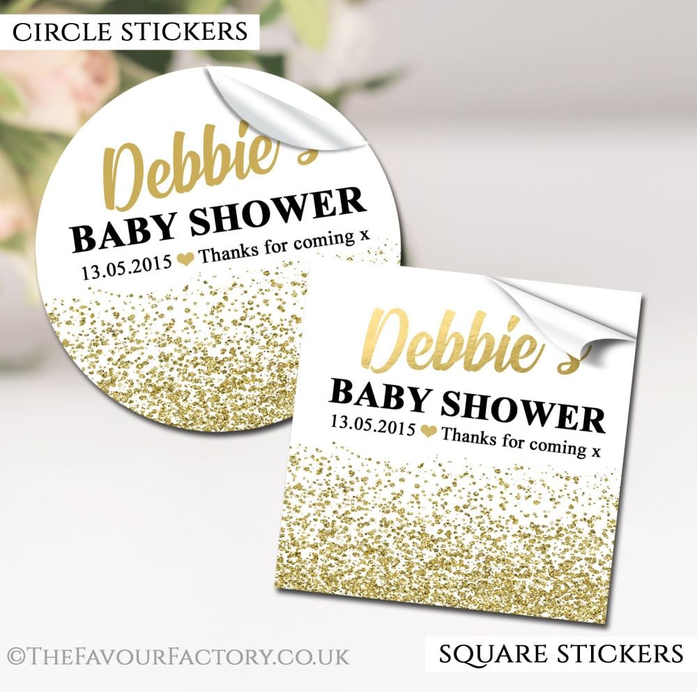 Personalised Baby Shower Stickers Gold Glitter Confetti