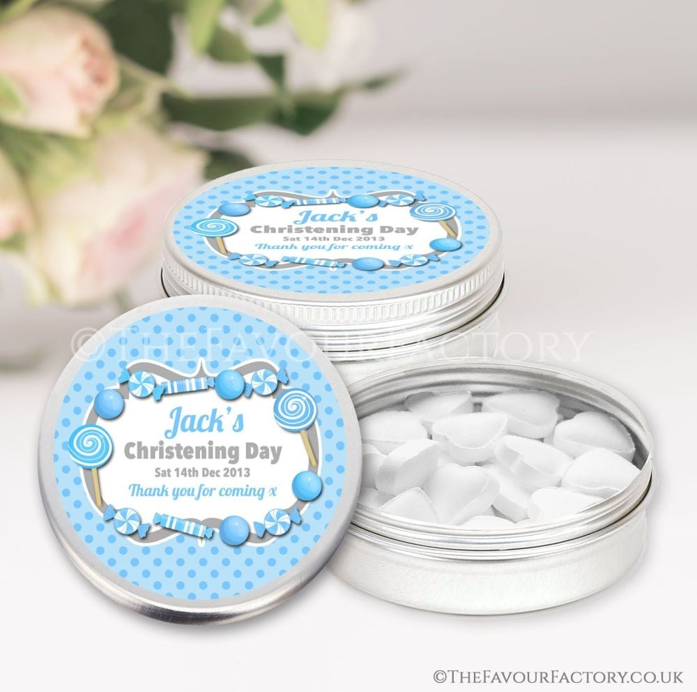 Personalised Christening Favours Keepsakes Tins Blue Sweets