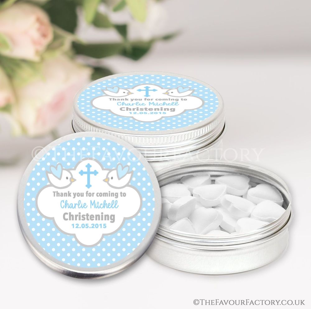 Personalised Christening Favours Keepsakes Tins Blue Doves