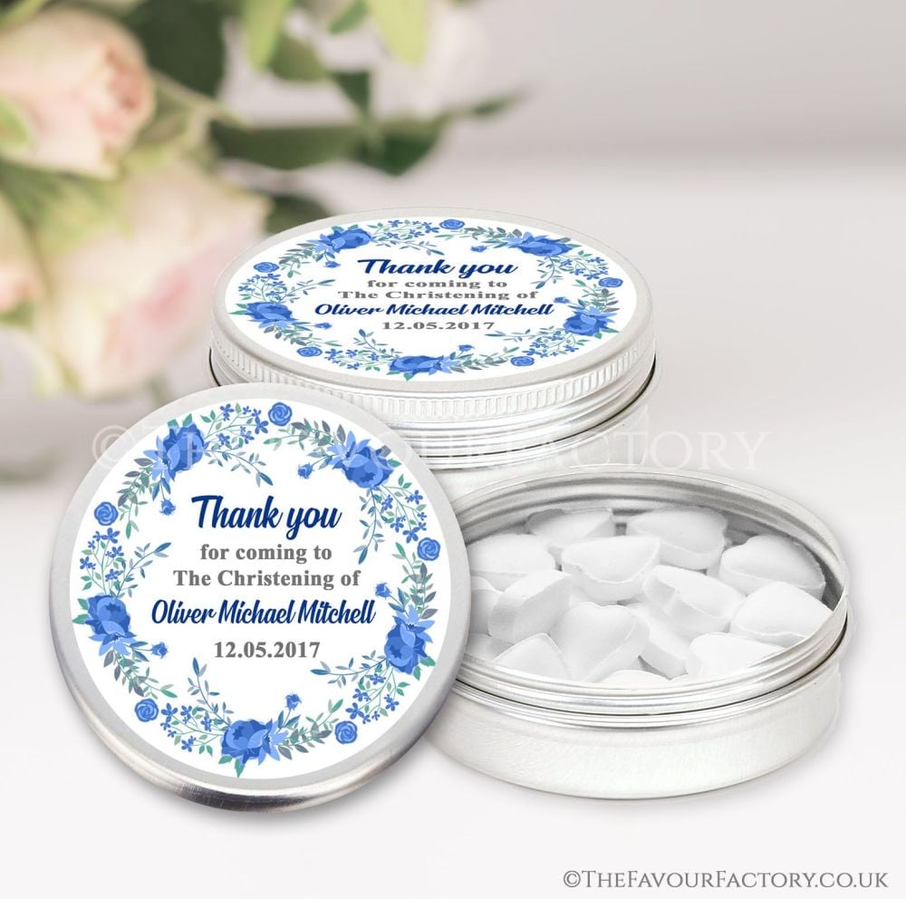 Personalised Christening Favours Keepsakes Tins Blue Floral Wreath