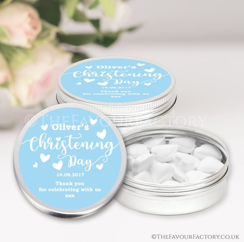 Personalised Christening Favours Keepsakes Tins Blue Love Hearts