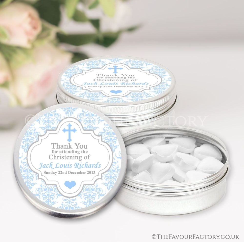 Personalised Christening Favours Keepsakes Tins Blue Damask cross