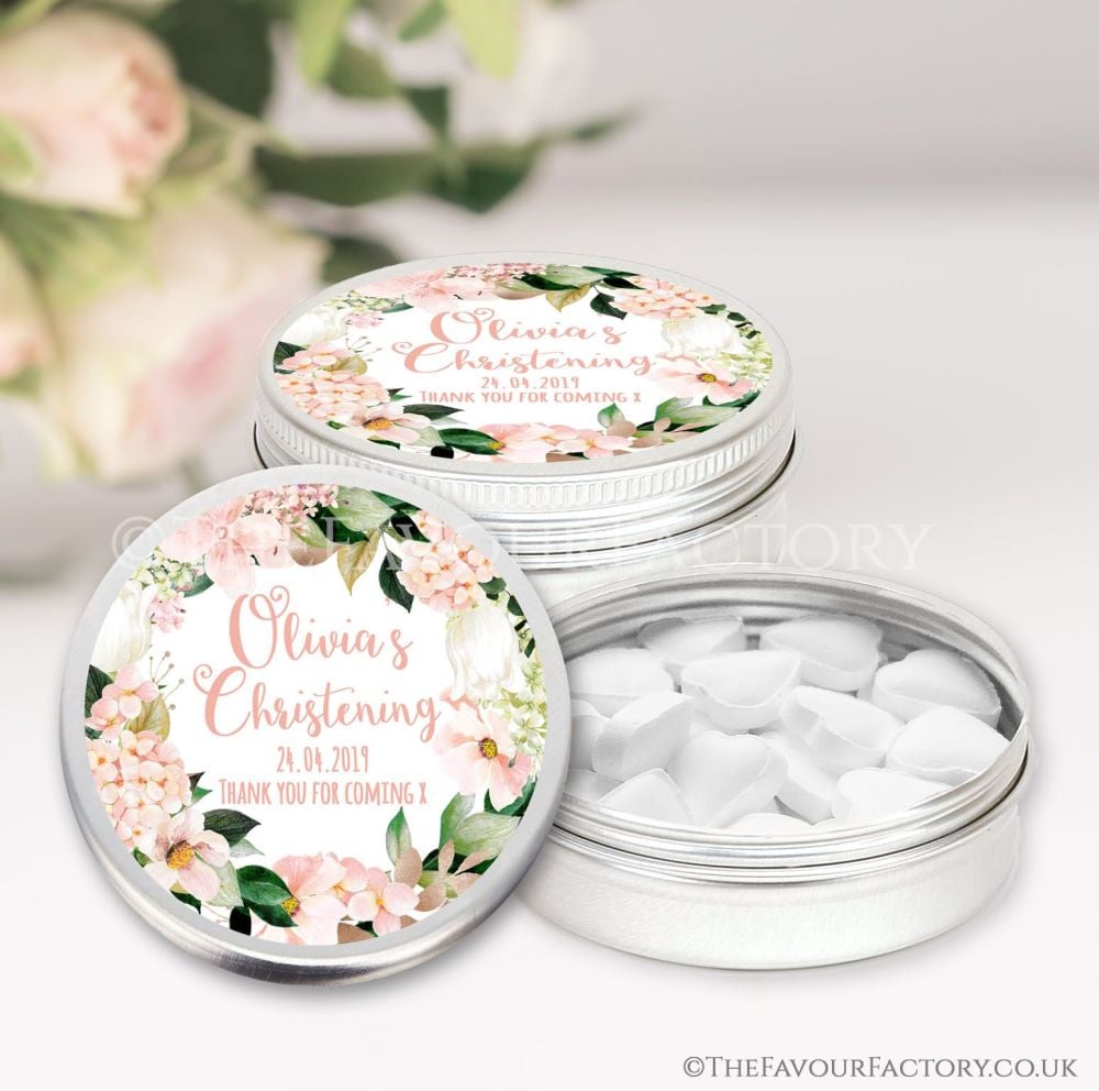 Personalised Christening Favours Keepsakes Tins Blush Hydrangeas