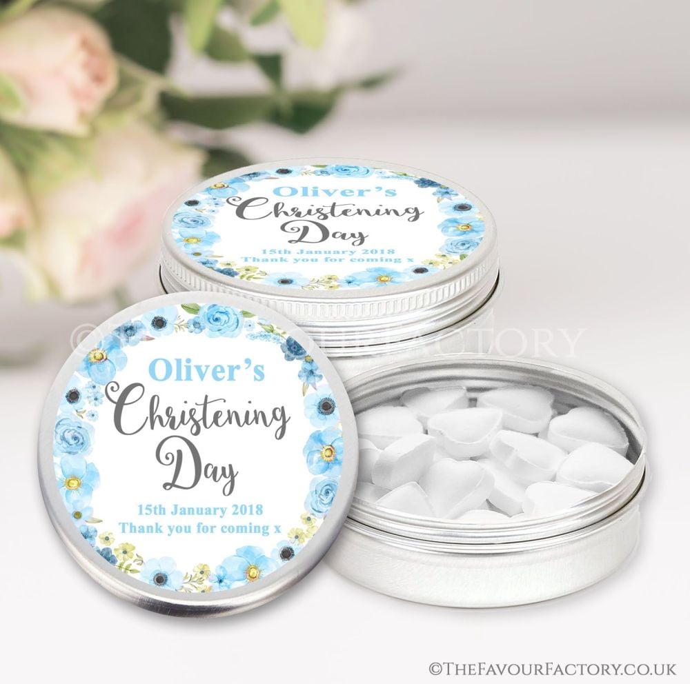 Personalised Christening Favours Keepsakes Tins Blue Flowers