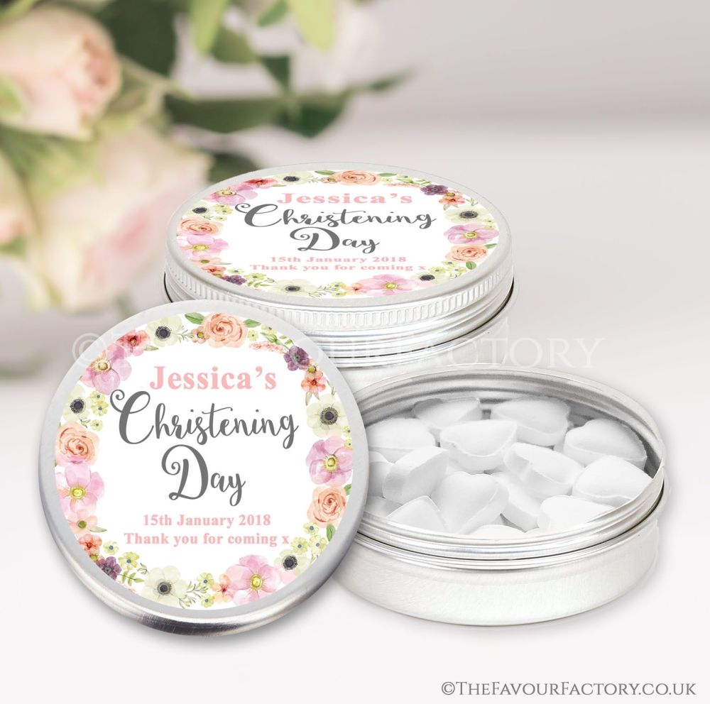 Personalised Christening Favours Keepsakes Tins Blush Flowers