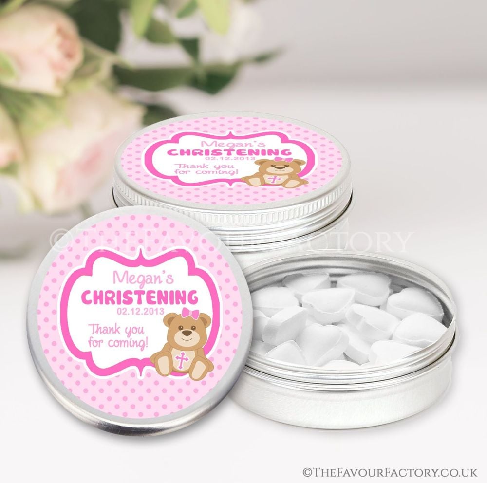 Personalised Christening Favours Keepsakes Tins Teddy Bear Pink