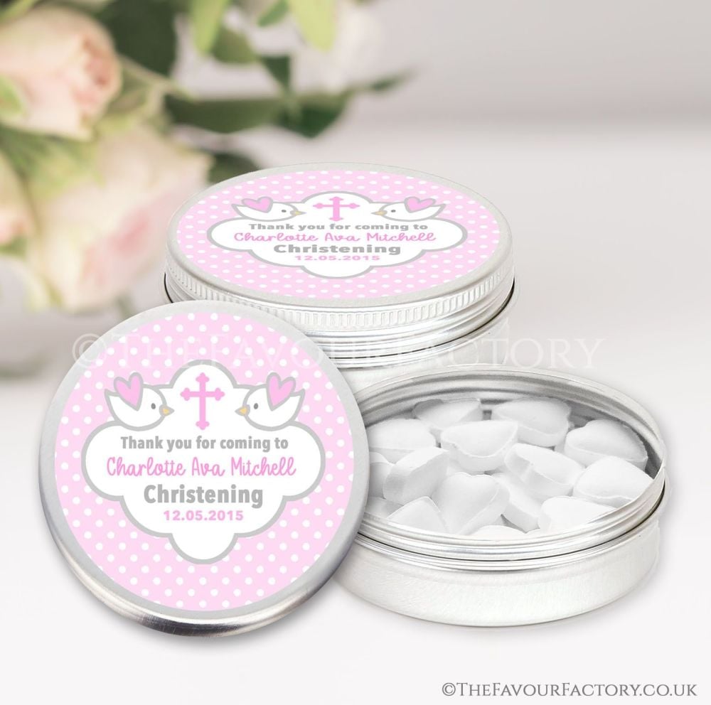 Personalised Christening Favours Keepsakes Tins Pink Dovess