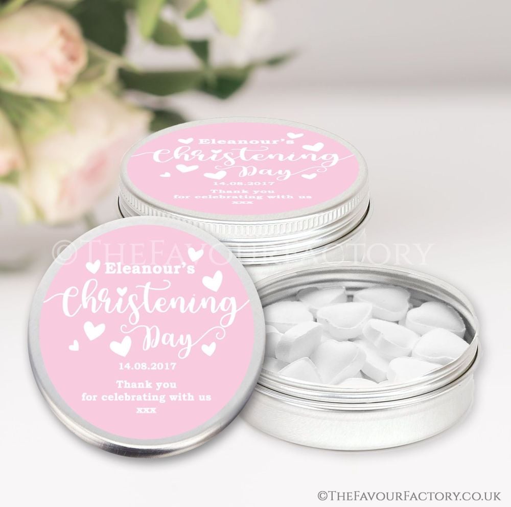 Personalised Christening Favours Keepsakes Tins Pink Love Hearts