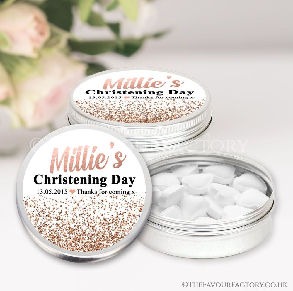 Personalised Christening Favours Keepsakes Tins Rose Gold Glitter