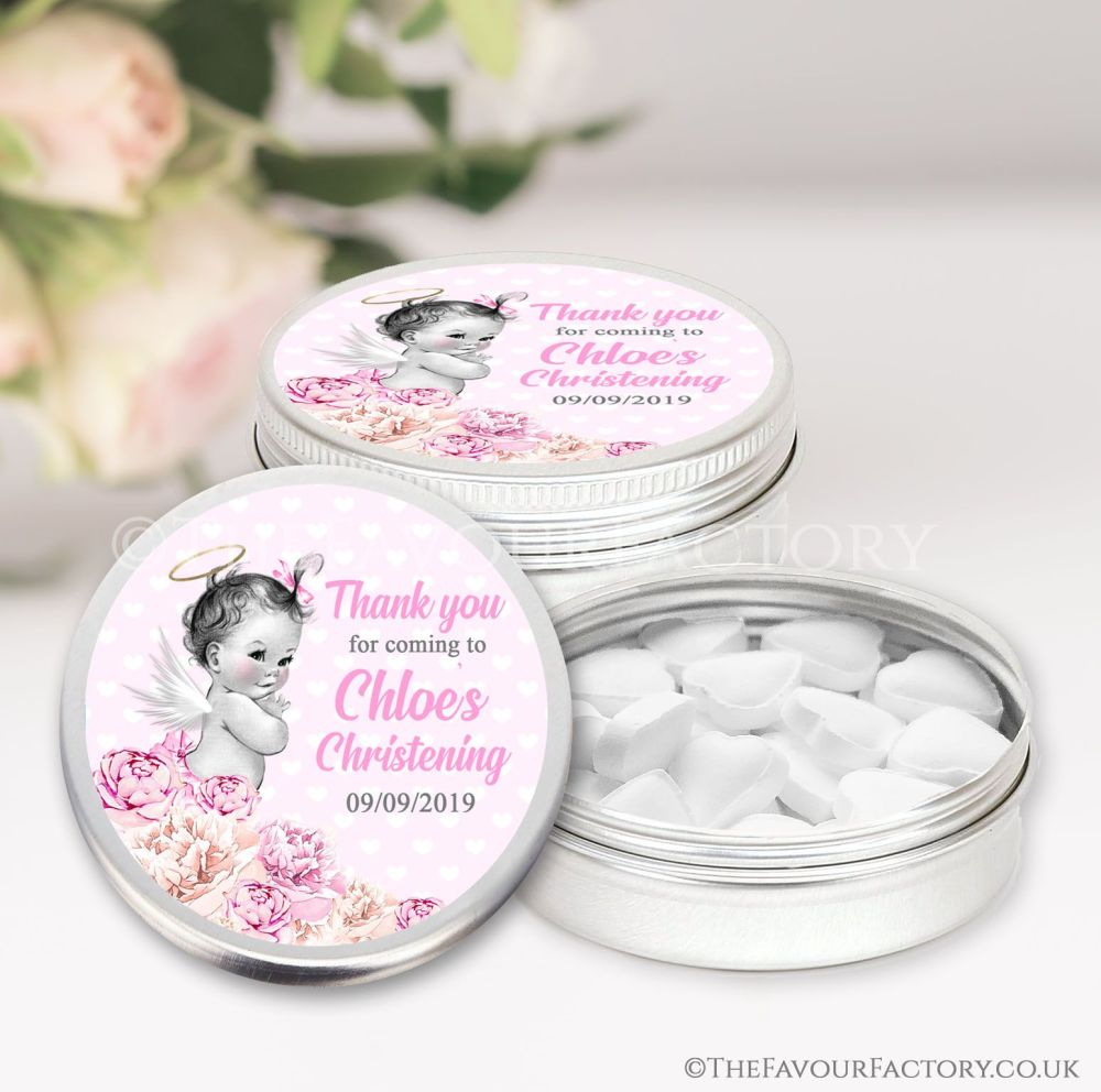 Personalised Christening Favours Keepsakes Tins Vintage Baby Girl