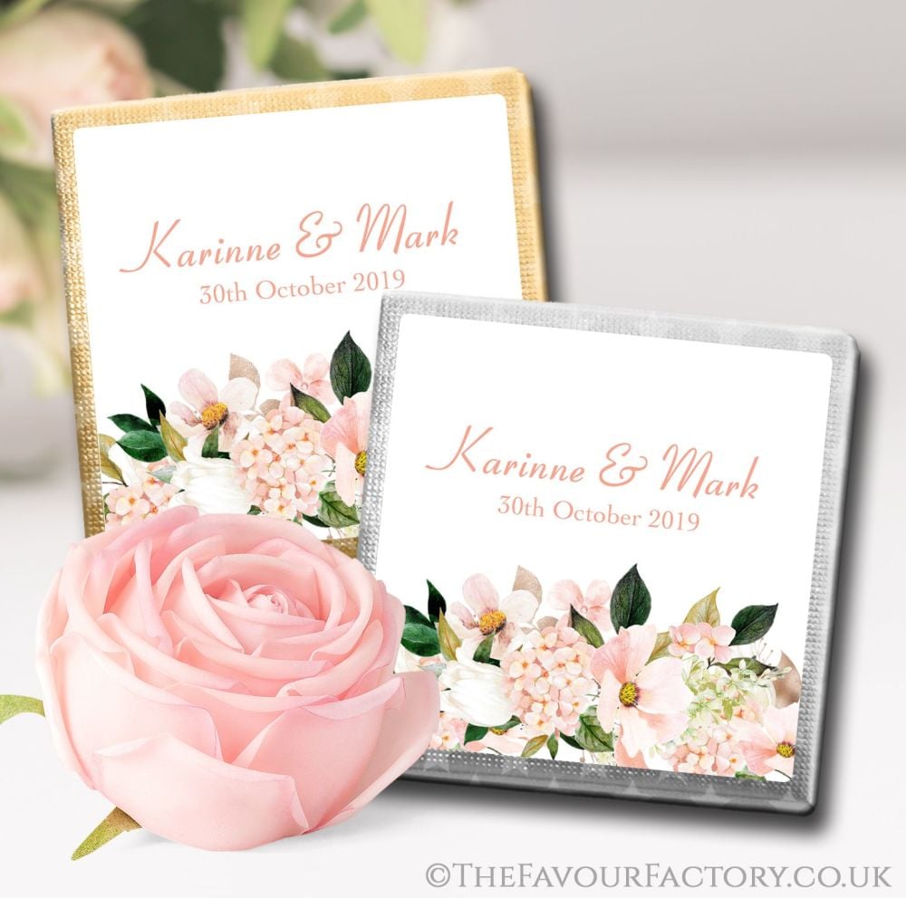 Personalised Wedding Chocolates Favours Blush Hydrangeas Floral Bouquet