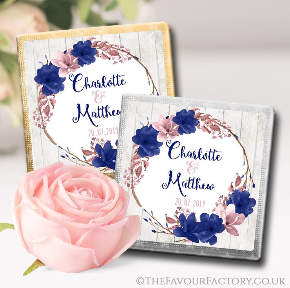 Personalised Wedding Chocolates Favours Boho Floral Wreath Navy Blush