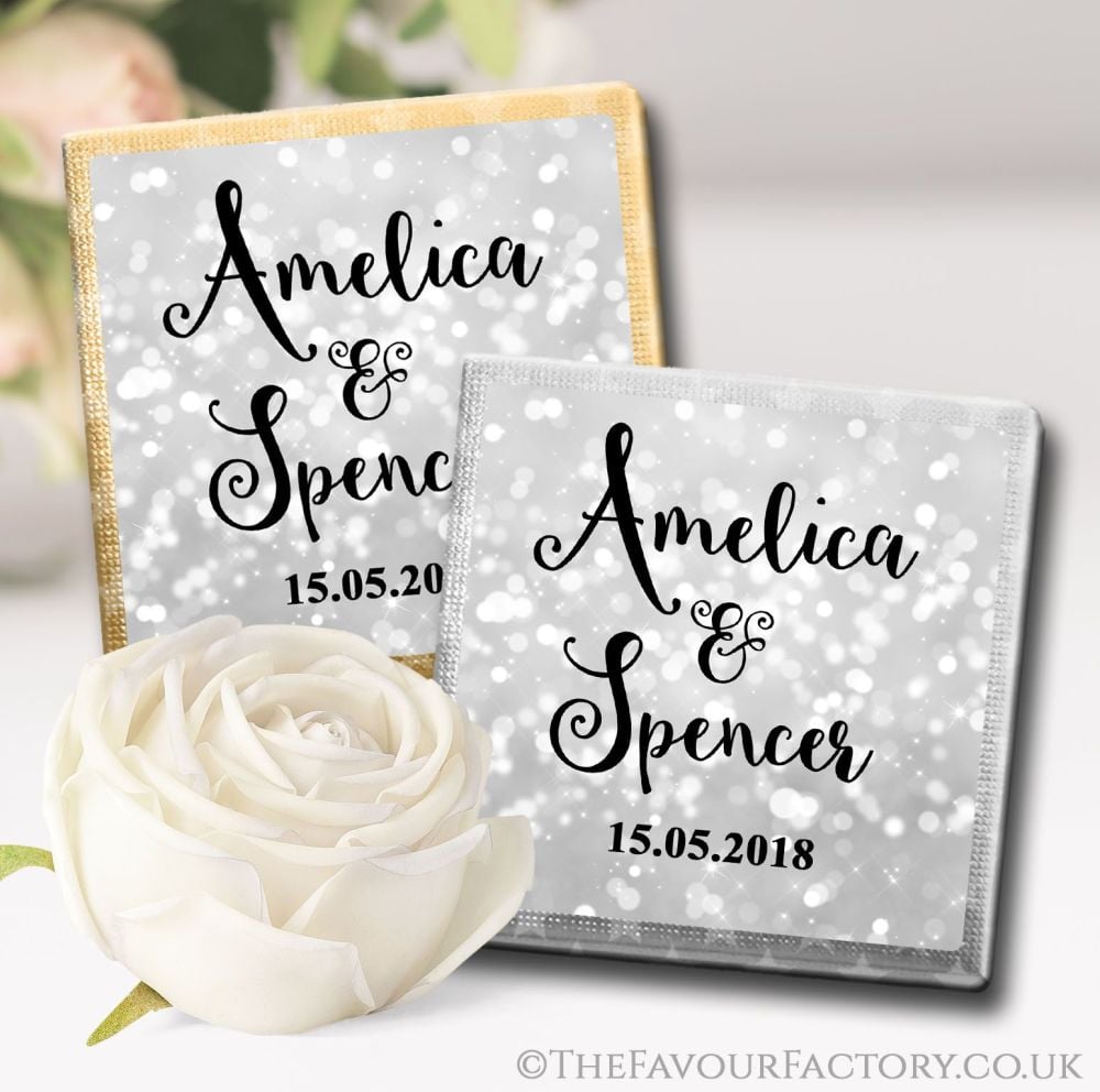 Personalised Wedding Chocolates Favours Bokeh Sparkles Silver