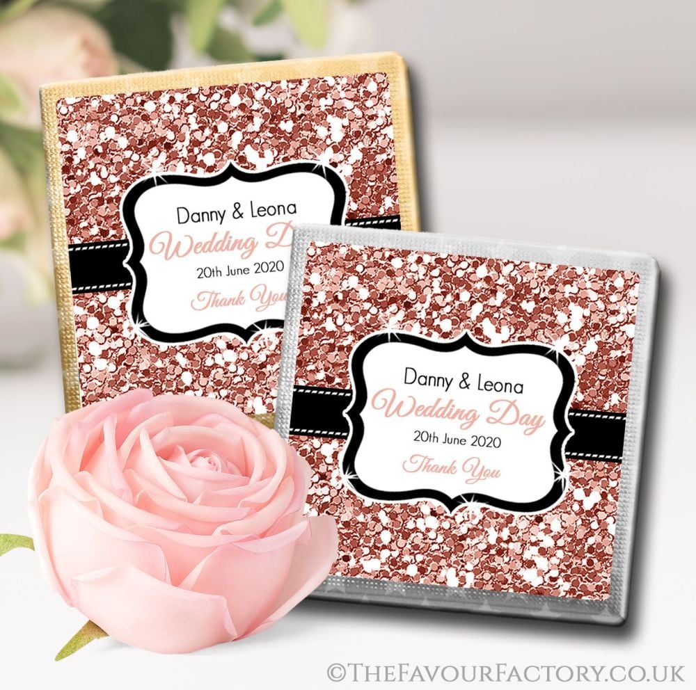 Personalised Wedding Chocolates Favours Rose Gold Glitter