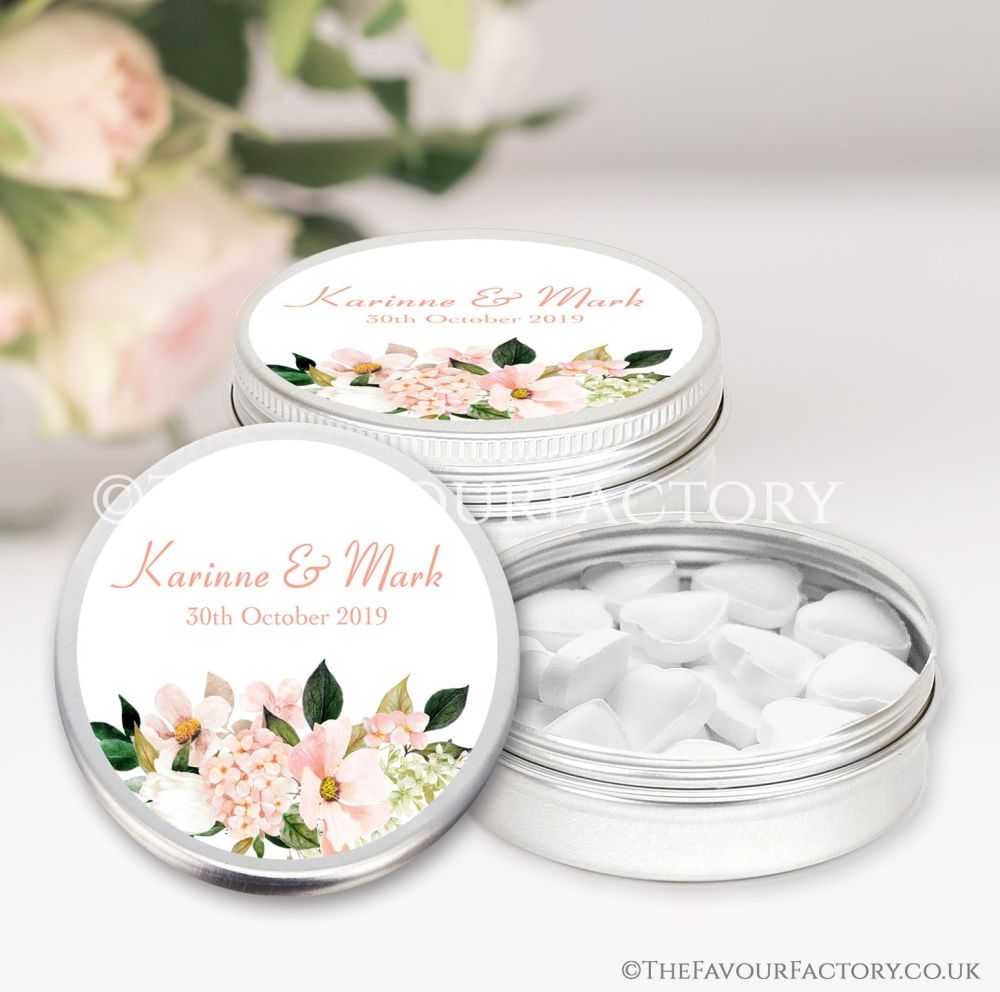Wedding Favours Keepsakes Tins Personalised blush hydrangeas floral bouquet