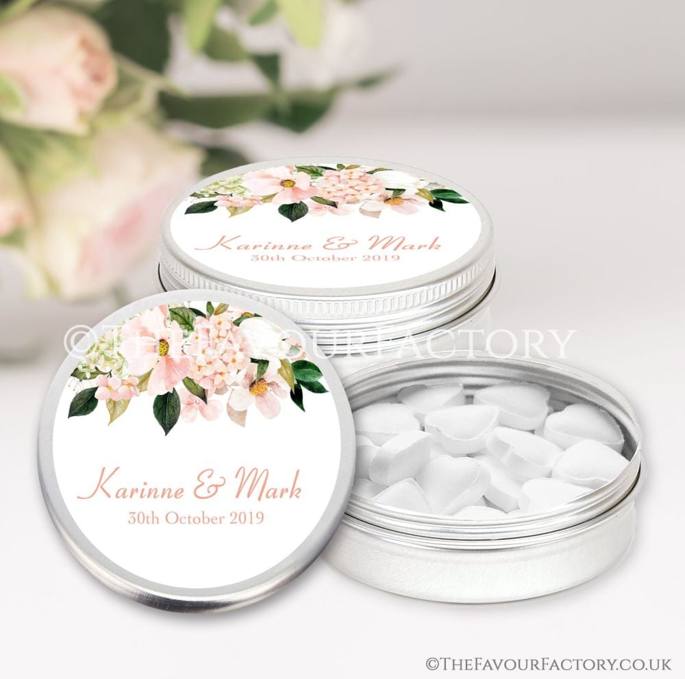 Wedding Favours Keepsakes Tins Personalised blush hydrangeas floral drop x