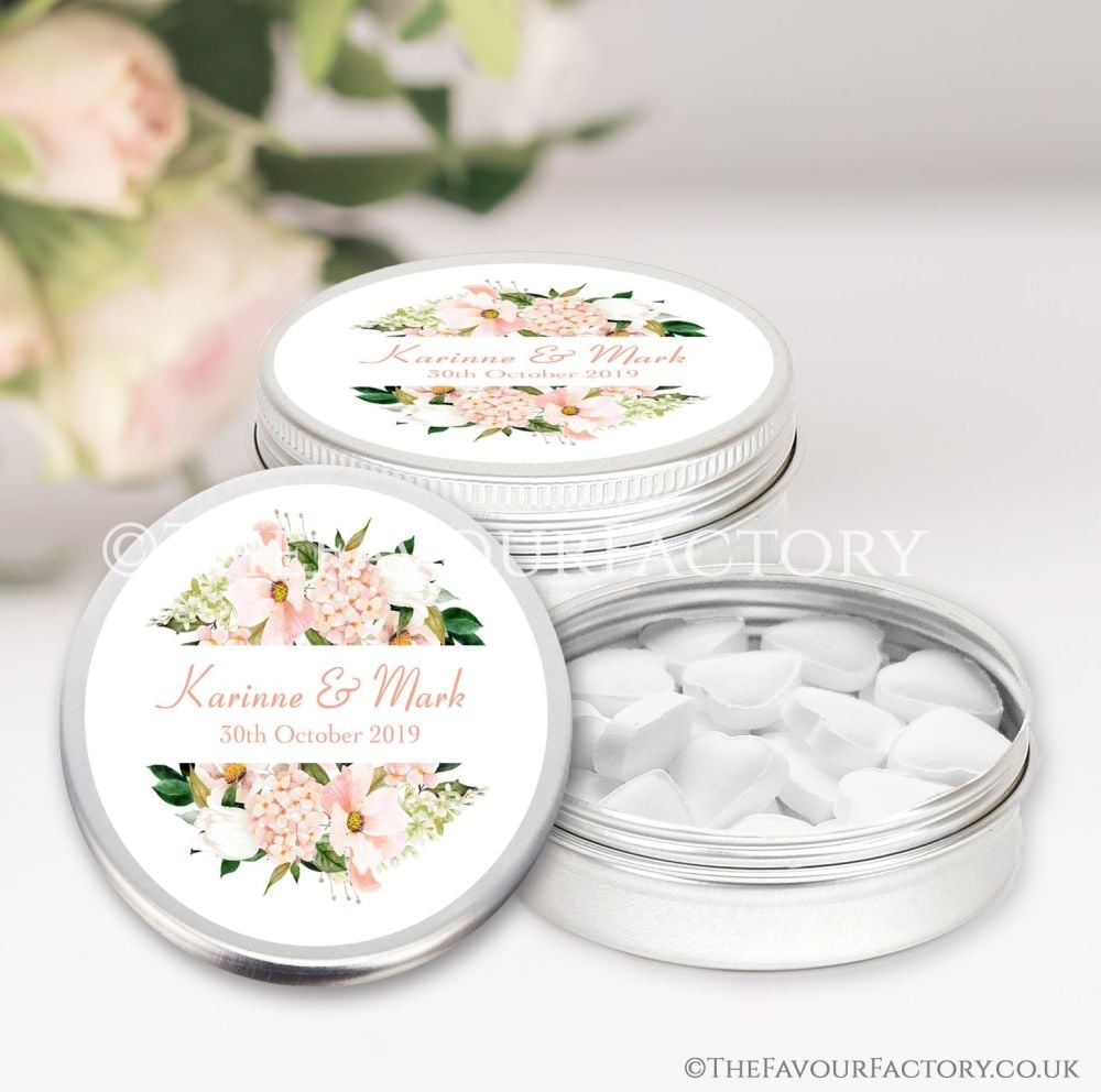 Wedding Favours Keepsakes Tins Personalised blush hydrangeas floral frame