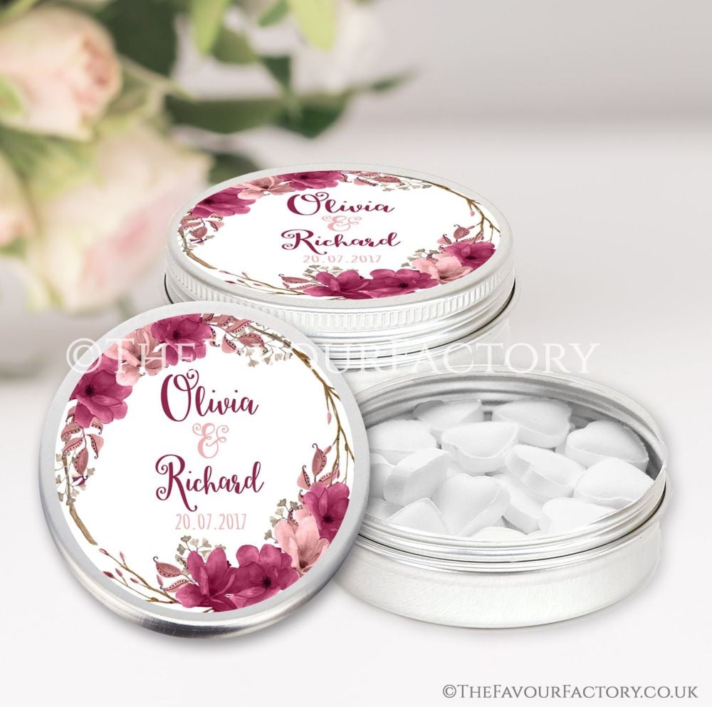 Wedding Favours Keepsakes Tins Personalised boho floral wreath burgundy bl